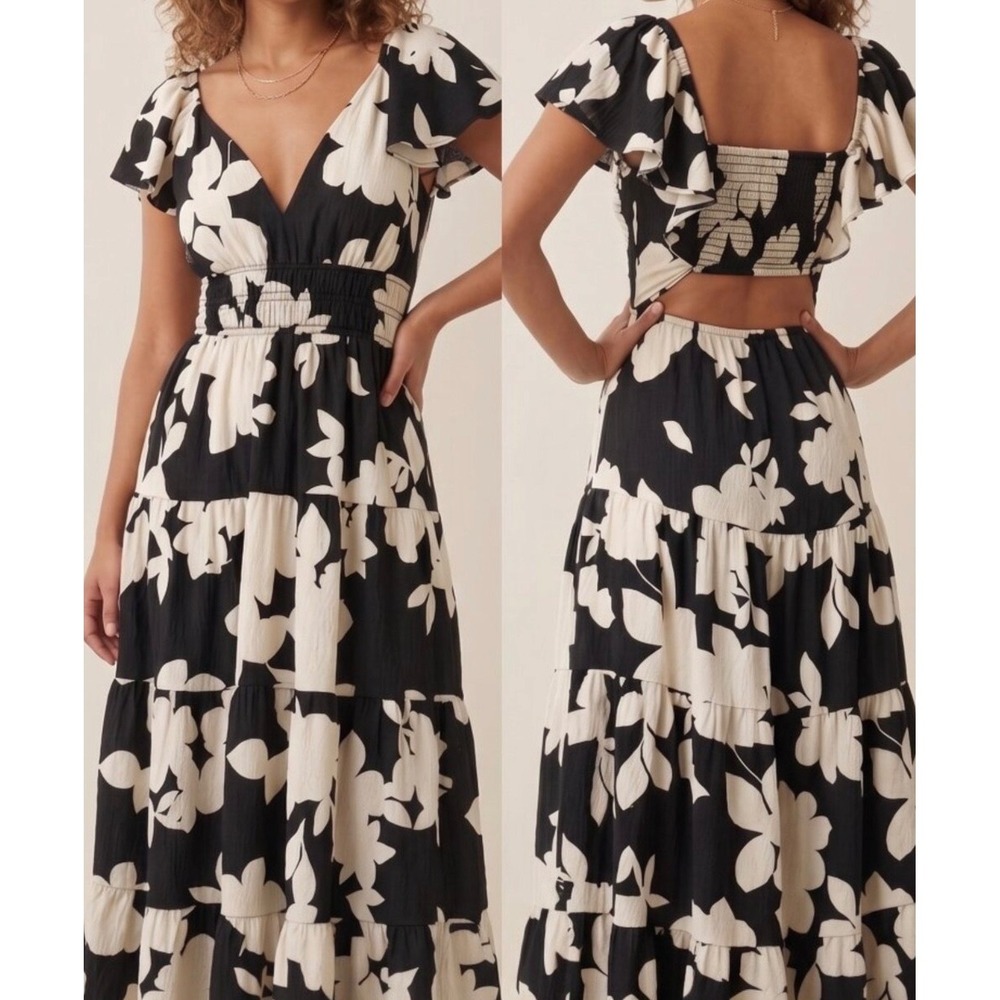 Anthropologie Dress Sz M Black White Silverlake Flutter Sleeve Maxi Boho Floral